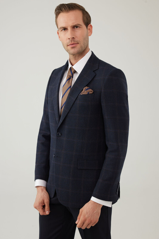 Erkek Lacivert Regular Fit Mono Yaka Kareli Yün Karışımlı Ceket