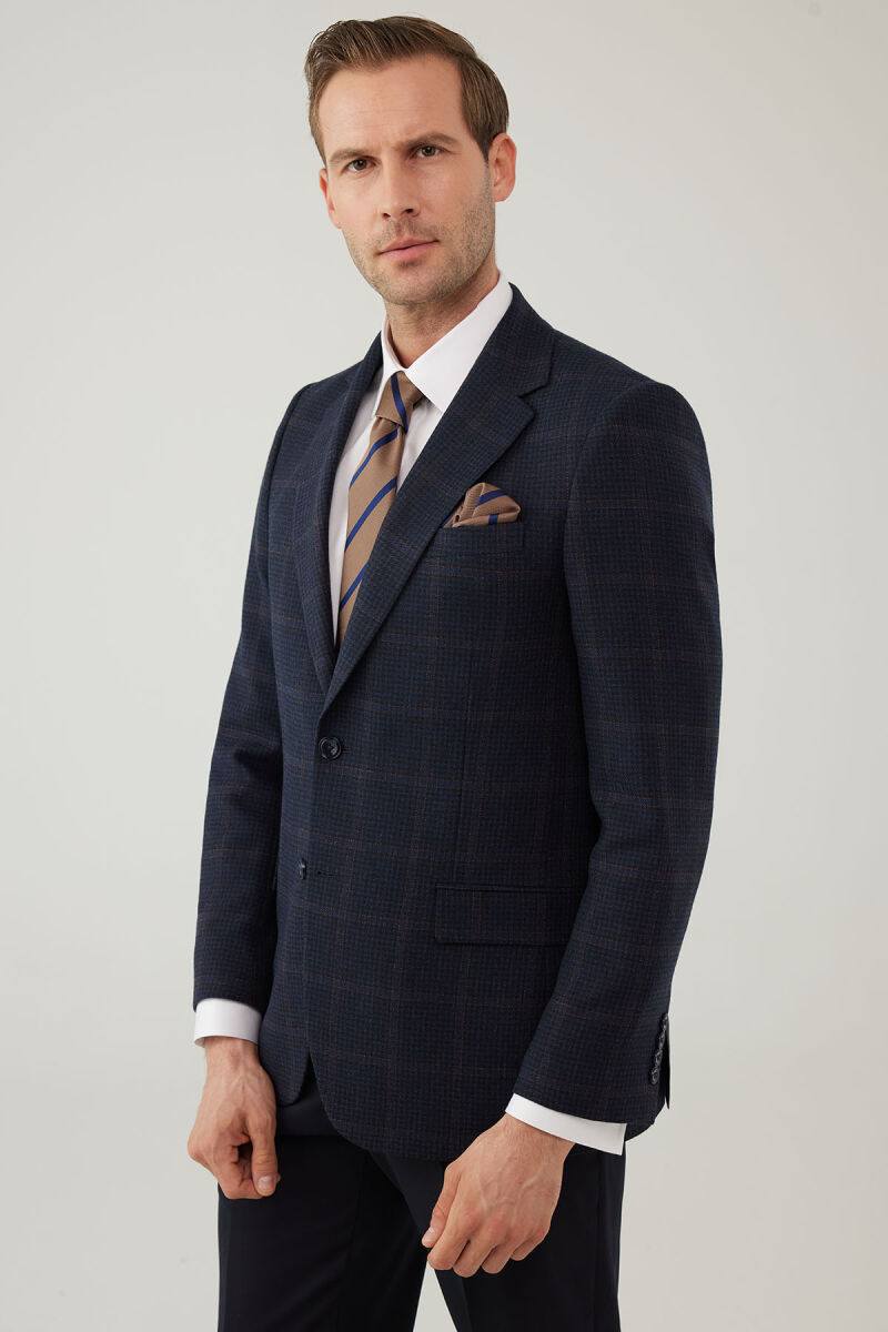 Erkek Lacivert Regular Fit Mono Yaka Kareli Yün Karışımlı Ceket - 2