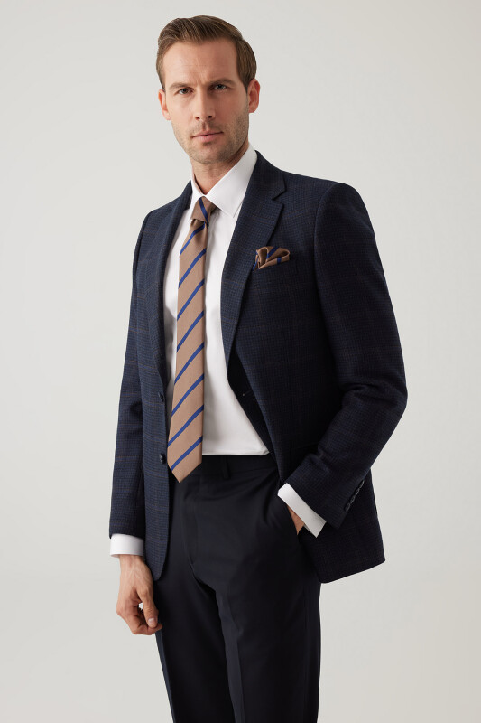 Erkek Lacivert Regular Fit Mono Yaka Kareli Yün Karışımlı Ceket