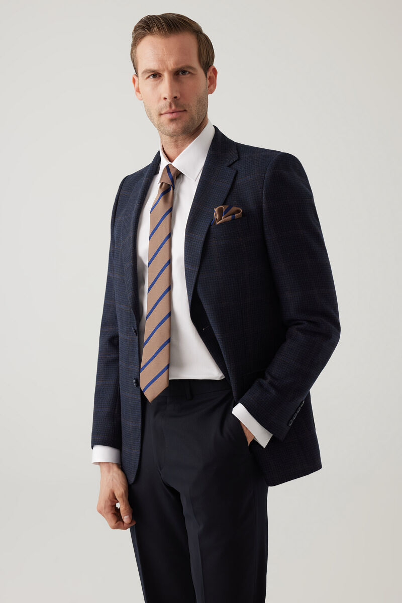 Erkek Lacivert Regular Fit Mono Yaka Kareli Yün Karışımlı Ceket - 3