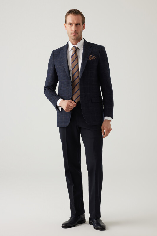 Erkek Lacivert Regular Fit Mono Yaka Kareli Yün Karışımlı Ceket