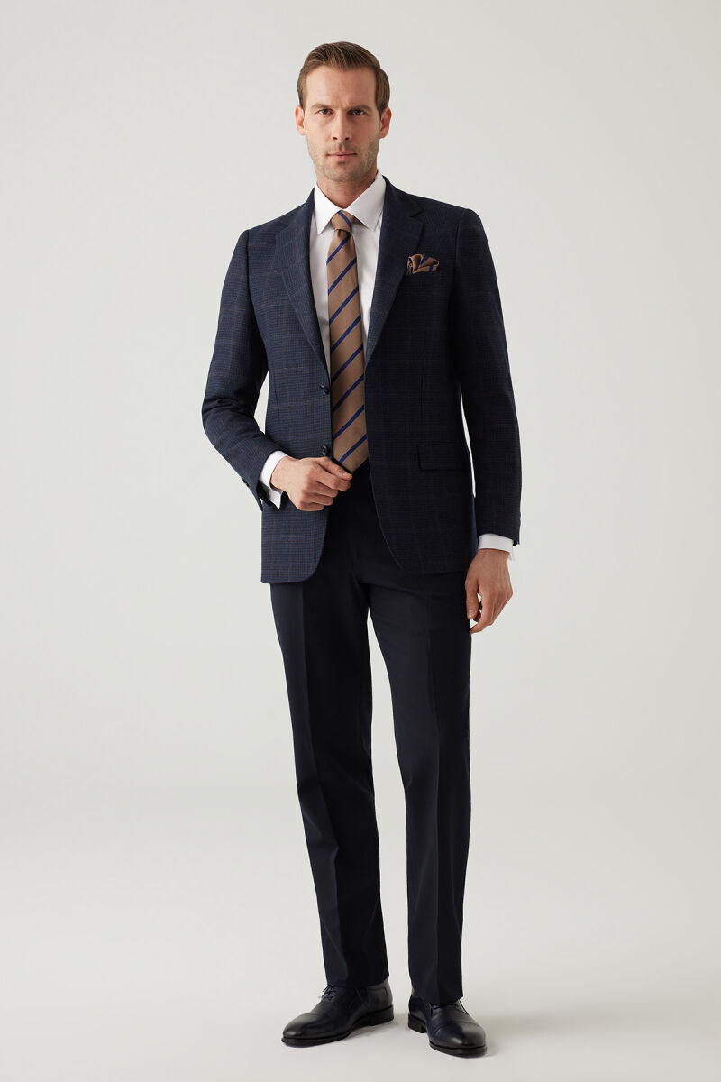 Erkek Lacivert Regular Fit Mono Yaka Kareli Yün Karışımlı Ceket - 4