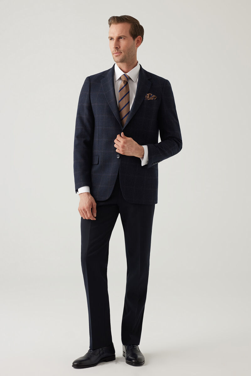 Erkek Lacivert Regular Fit Mono Yaka Kareli Yün Karışımlı Ceket - 5