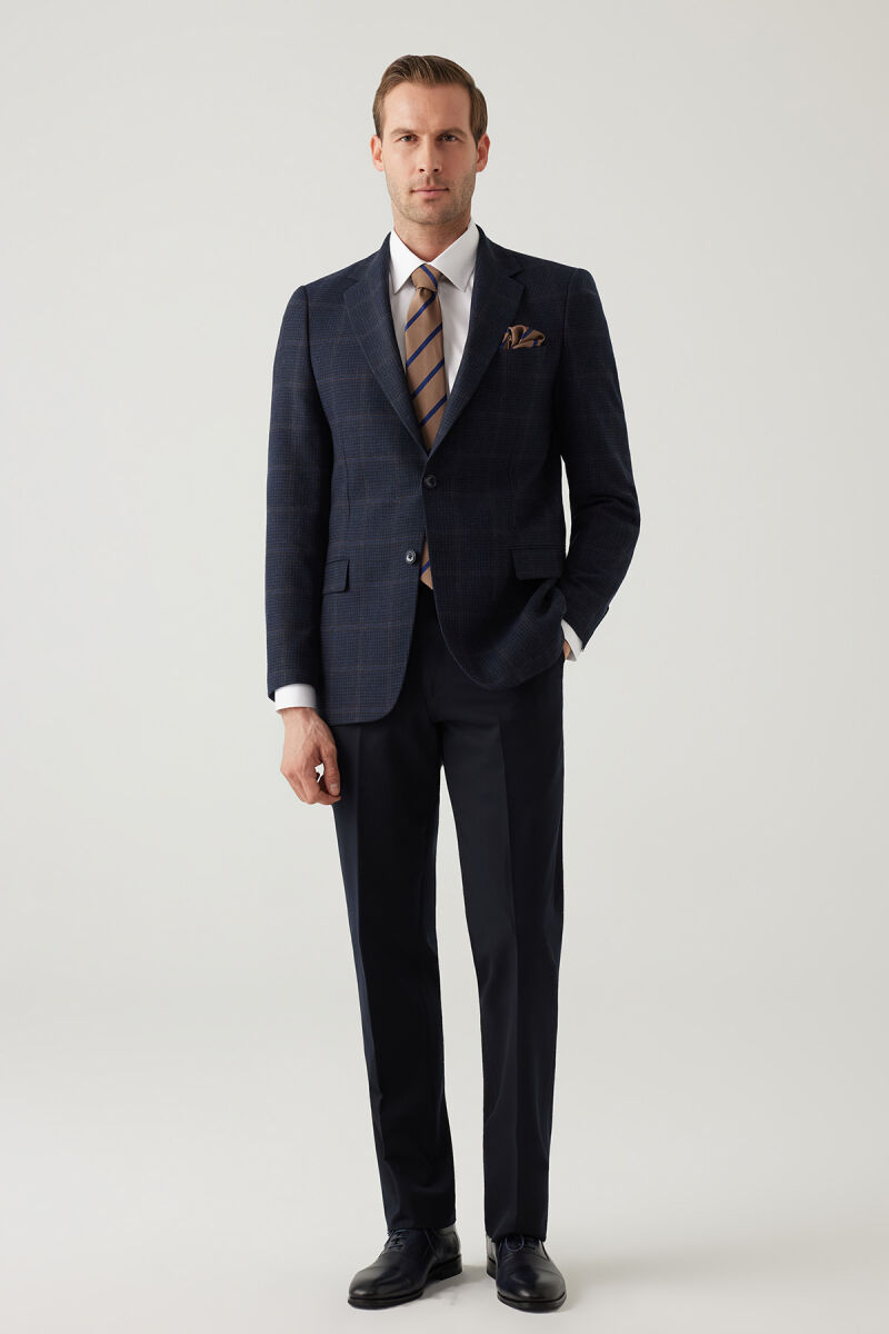 Erkek Lacivert Regular Fit Mono Yaka Kareli Yün Karışımlı Ceket - 6