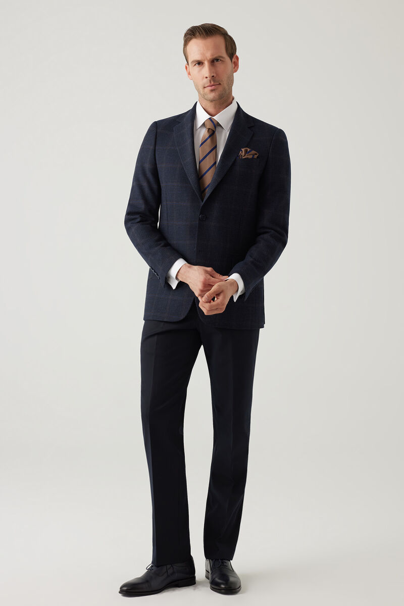 Erkek Lacivert Regular Fit Mono Yaka Kareli Yün Karışımlı Ceket - 7