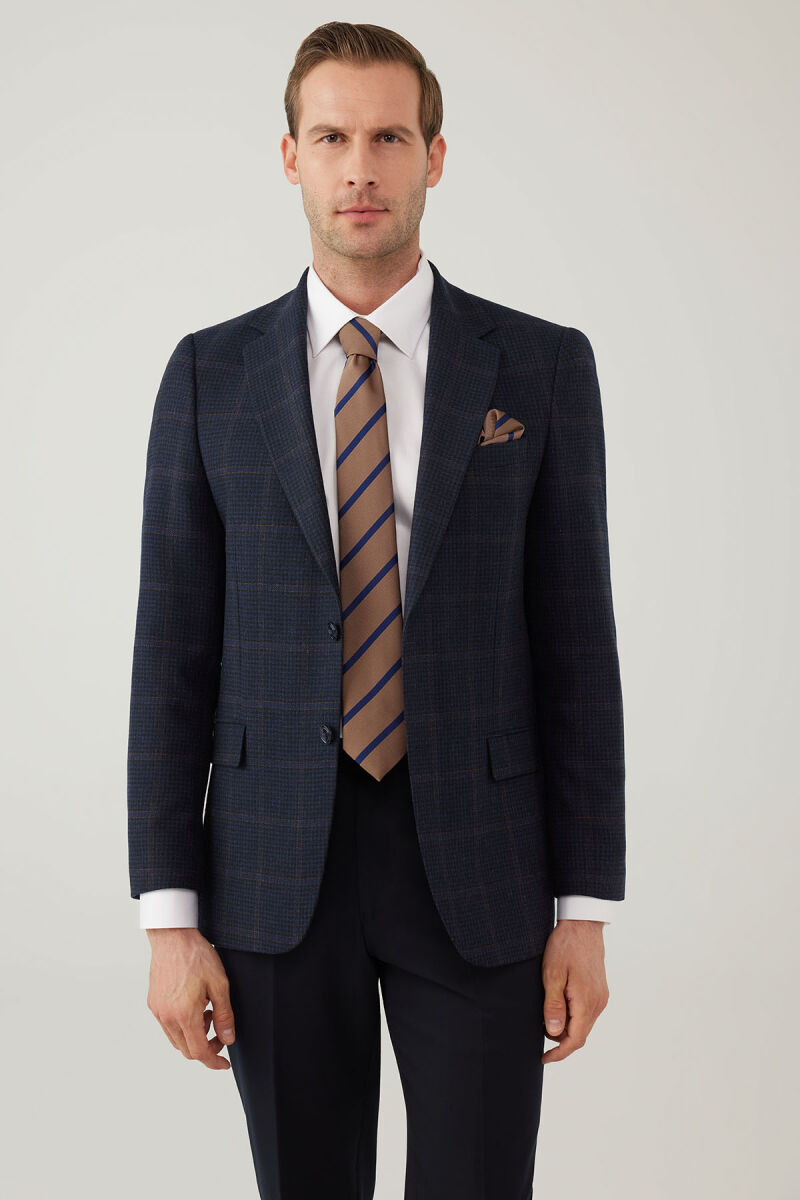 Erkek Lacivert Regular Fit Mono Yaka Kareli Yün Karışımlı Ceket - 8