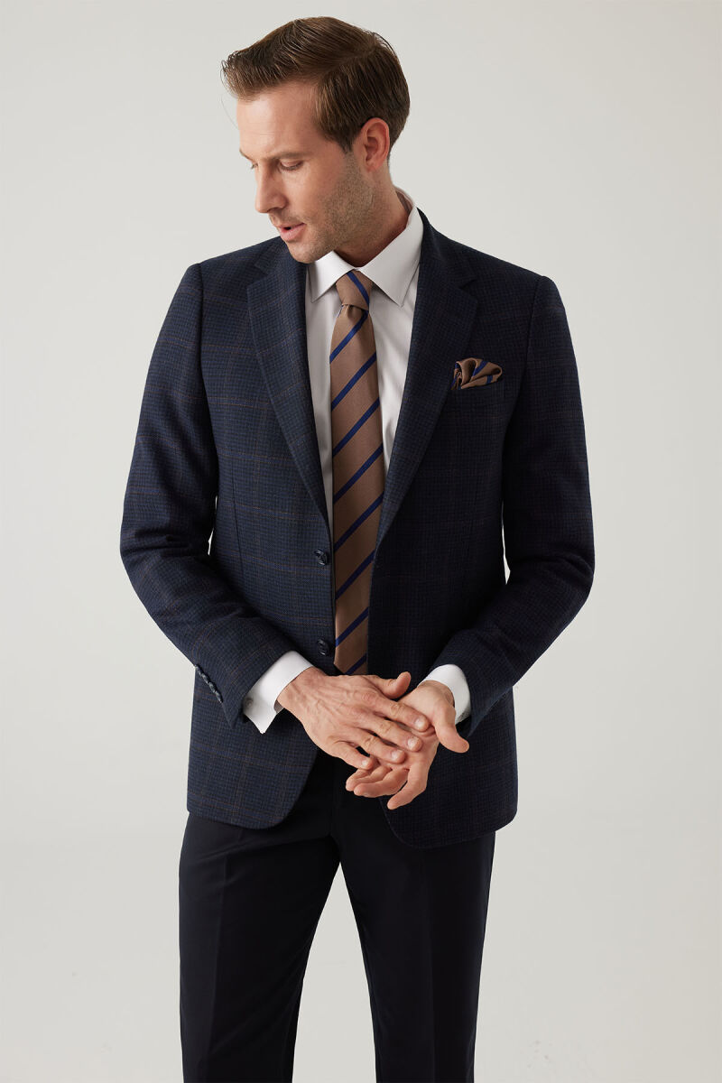 Erkek Lacivert Regular Fit Mono Yaka Kareli Yün Karışımlı Ceket - 9