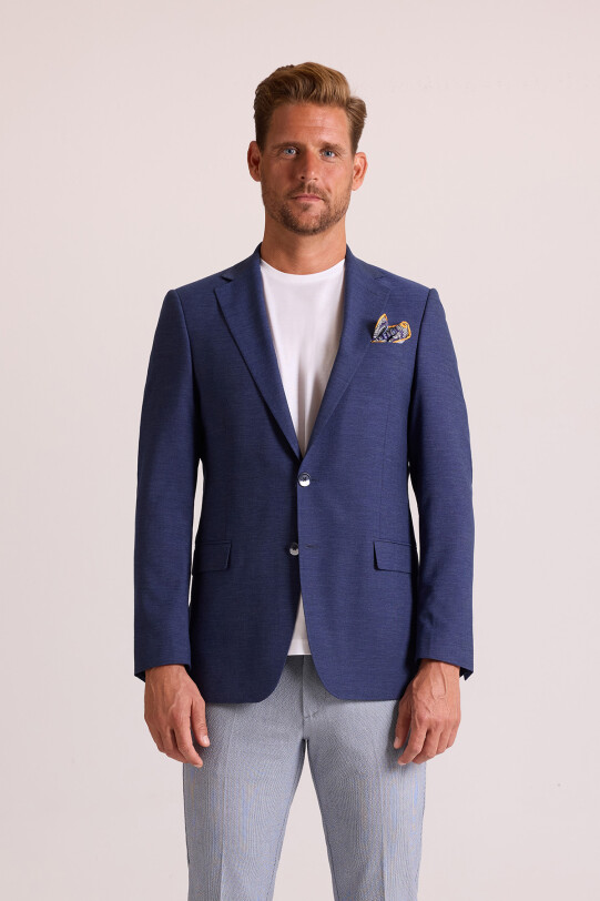 Erkek Lacivert Regular Fit Mono Yaka Keten Ceket