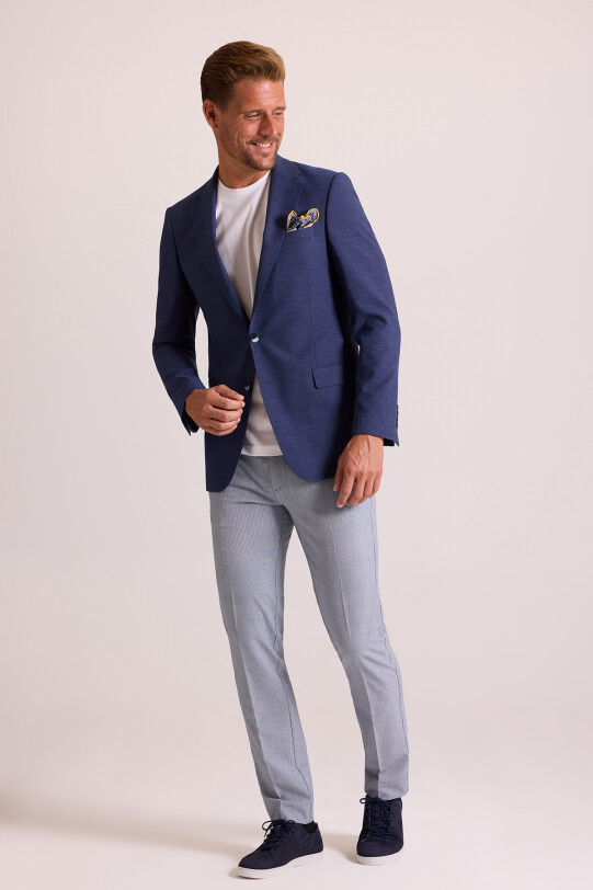 Erkek Lacivert Regular Fit Mono Yaka Keten Ceket