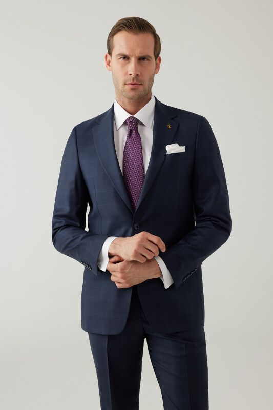 Erkek Lacivert Regular Fit Mono Yaka Yün Kareli Takım Elbise