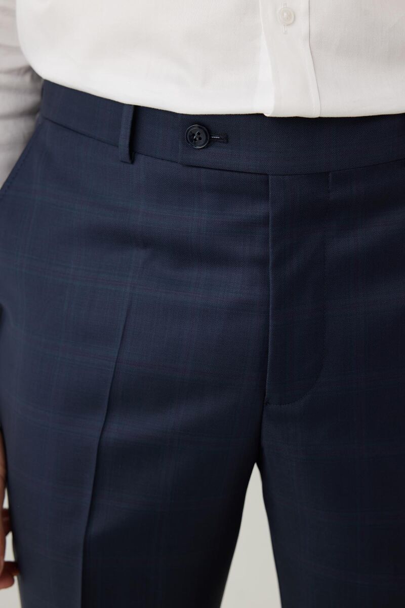 Erkek Lacivert Regular Fit Mono Yaka Yün Kareli Takım Elbise - 10