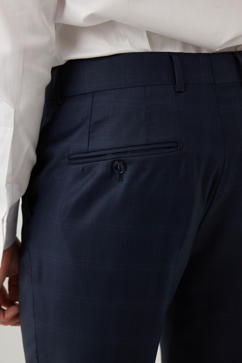 Erkek Lacivert Regular Fit Mono Yaka Yün Kareli Takım Elbise - 11