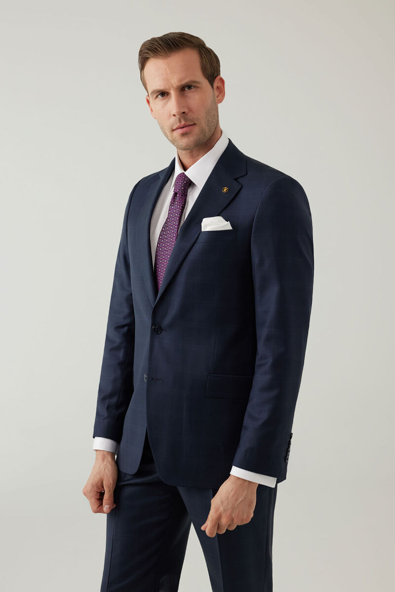 Erkek Lacivert Regular Fit Mono Yaka Yün Kareli Takım Elbise - 2