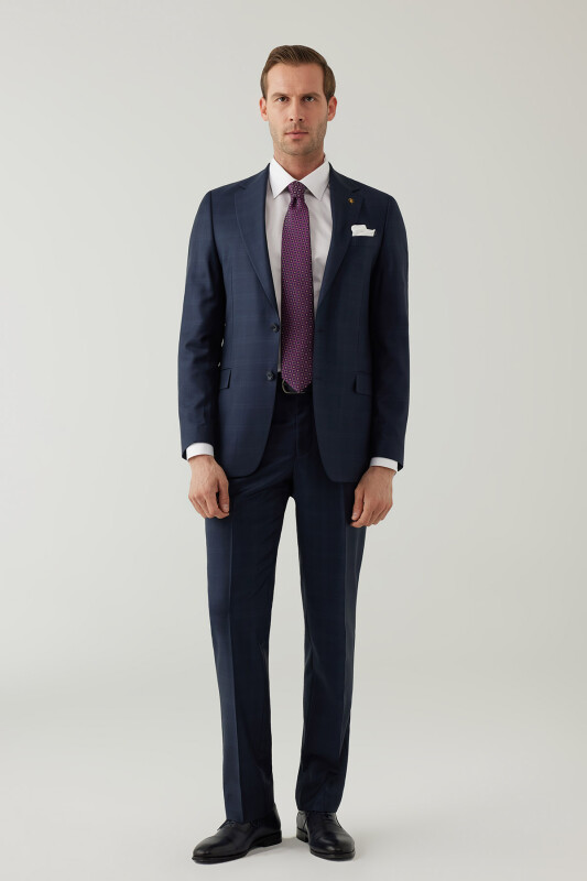 Erkek Lacivert Regular Fit Mono Yaka Yün Kareli Takım Elbise