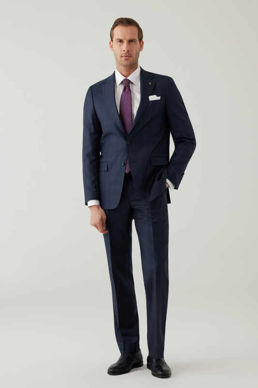 Erkek Lacivert Regular Fit Mono Yaka Yün Kareli Takım Elbise