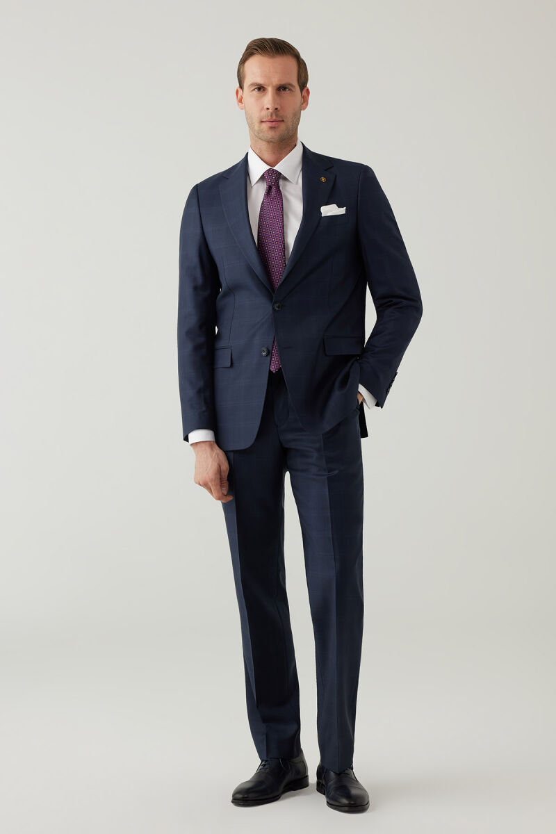 Erkek Lacivert Regular Fit Mono Yaka Yün Kareli Takım Elbise - 4