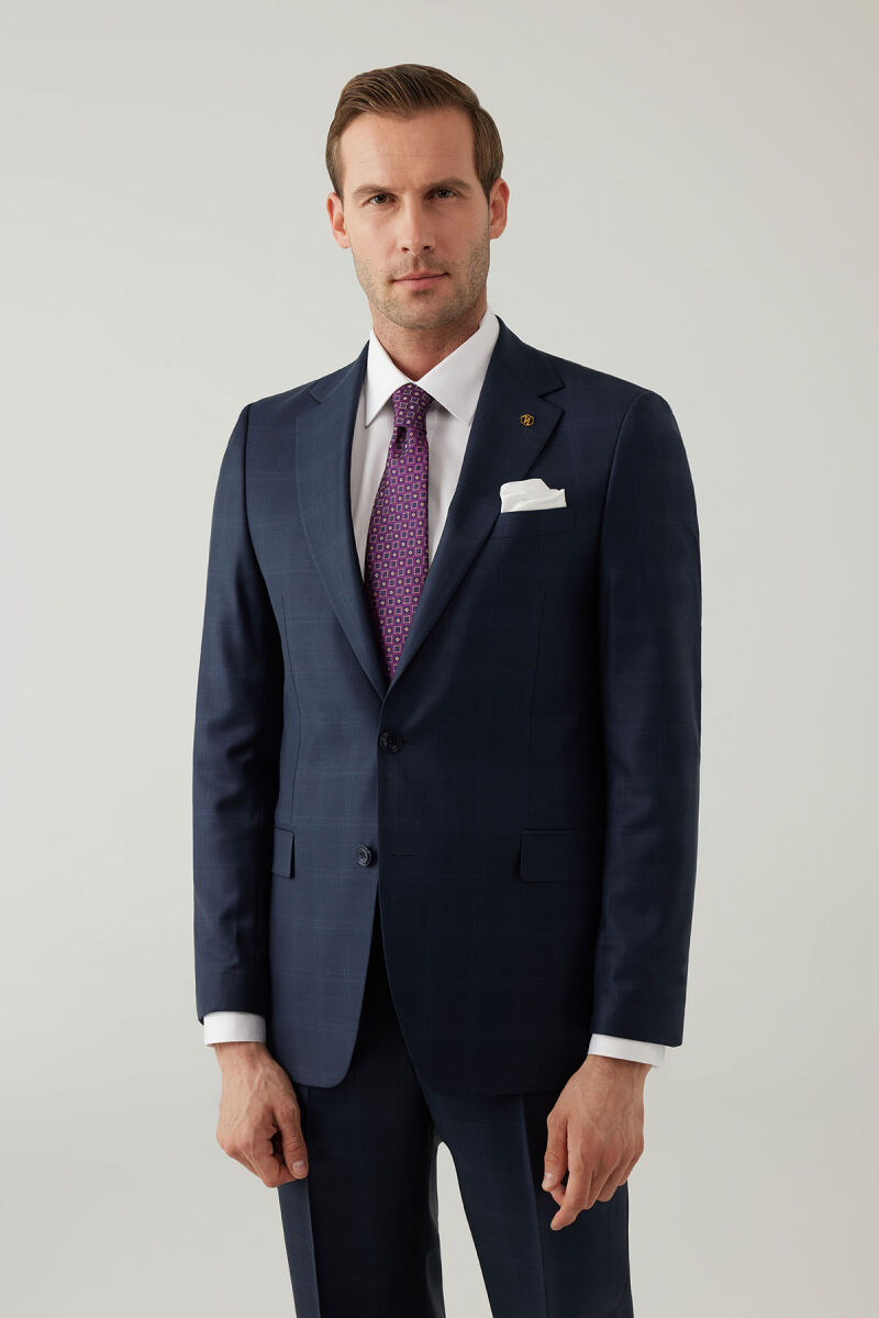 Erkek Lacivert Regular Fit Mono Yaka Yün Kareli Takım Elbise - 5