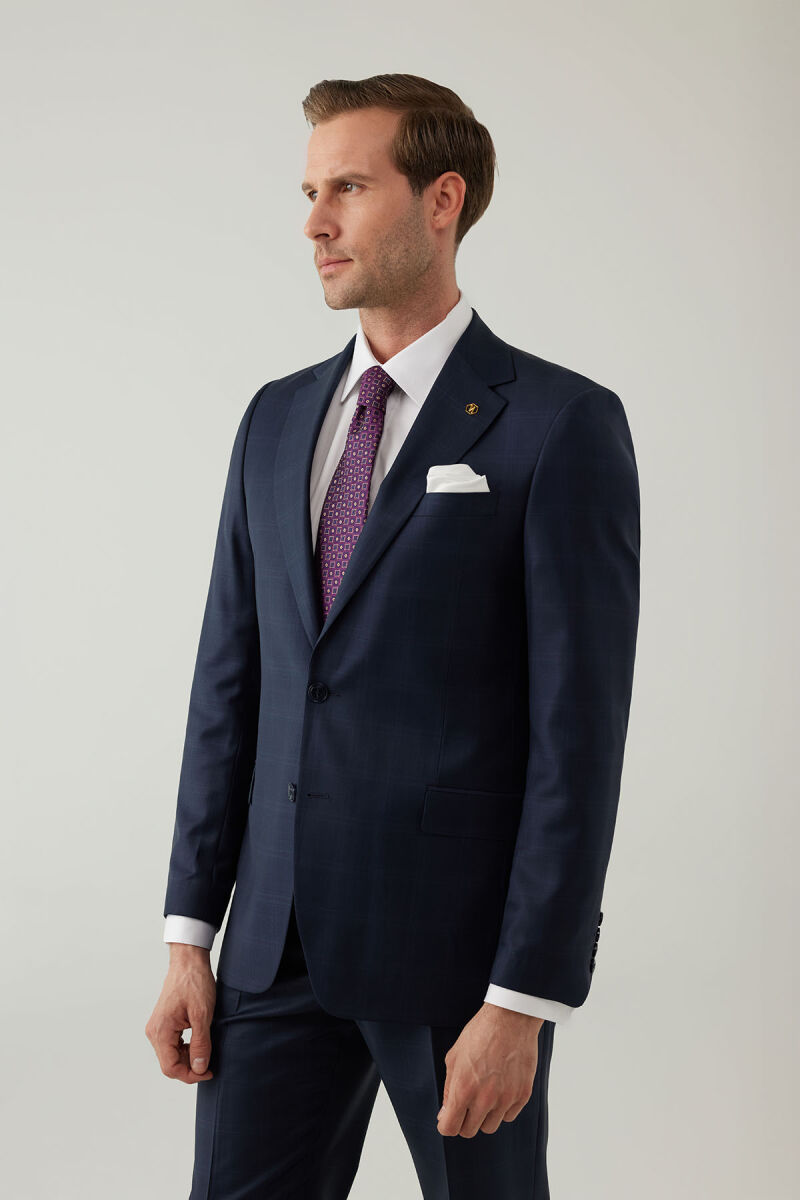 Erkek Lacivert Regular Fit Mono Yaka Yün Kareli Takım Elbise - 6