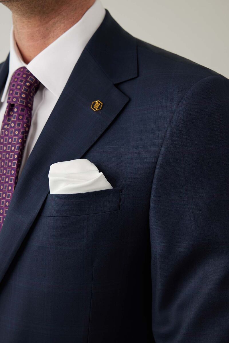 Erkek Lacivert Regular Fit Mono Yaka Yün Kareli Takım Elbise - 7