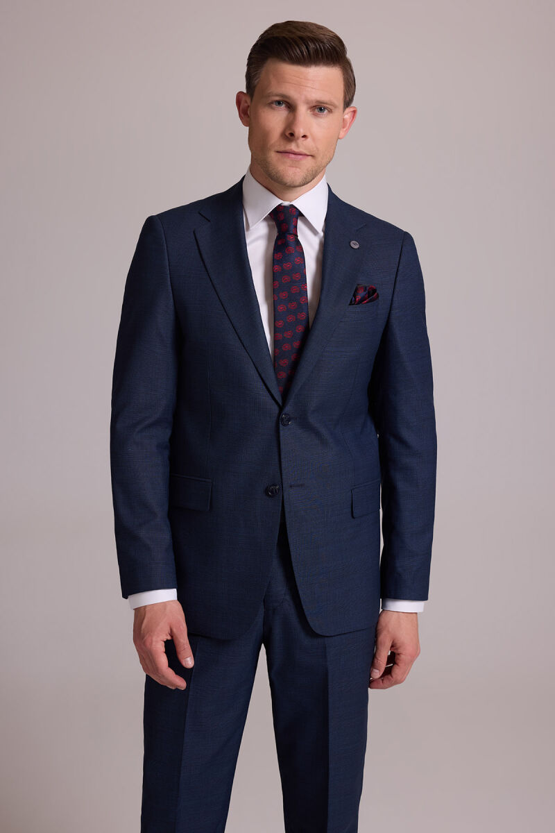 Erkek Lacivert Regular Fit Mono Yaka Yün Karışımlı Kareli Takım Elbise - 1