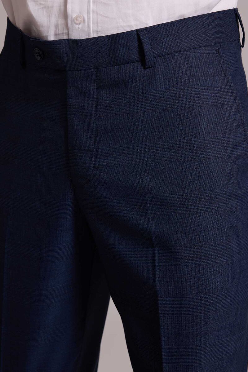 Erkek Lacivert Regular Fit Mono Yaka Yün Karışımlı Kareli Takım Elbise - 10