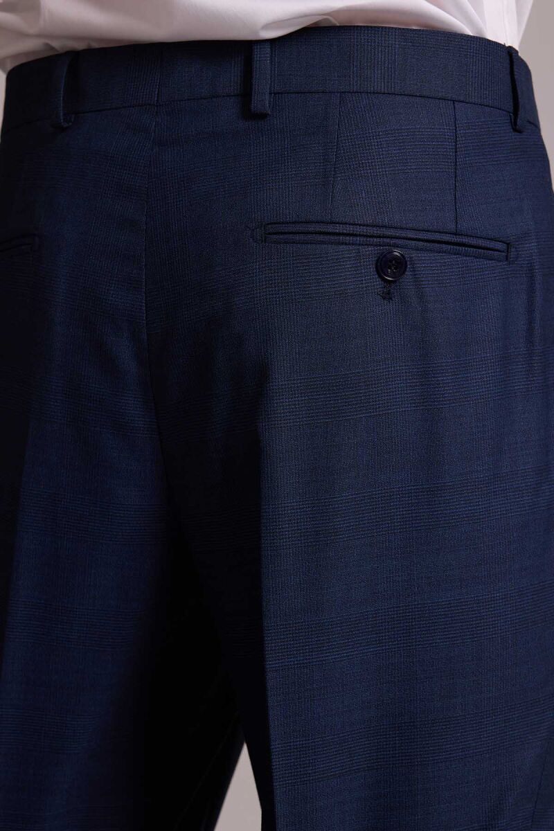 Erkek Lacivert Regular Fit Mono Yaka Yün Karışımlı Kareli Takım Elbise - 11