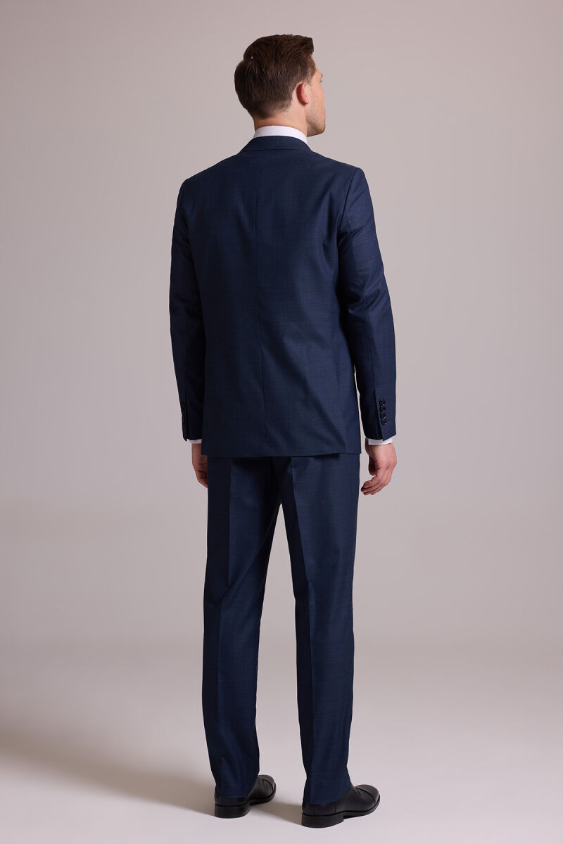 Erkek Lacivert Regular Fit Mono Yaka Yün Karışımlı Kareli Takım Elbise - 12
