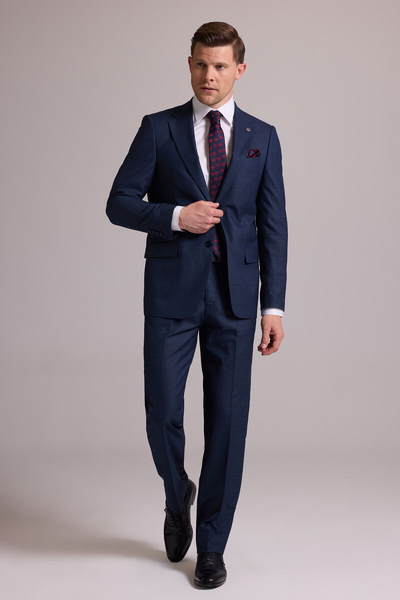 Erkek Lacivert Regular Fit Mono Yaka Yün Karışımlı Kareli Takım Elbise - 2