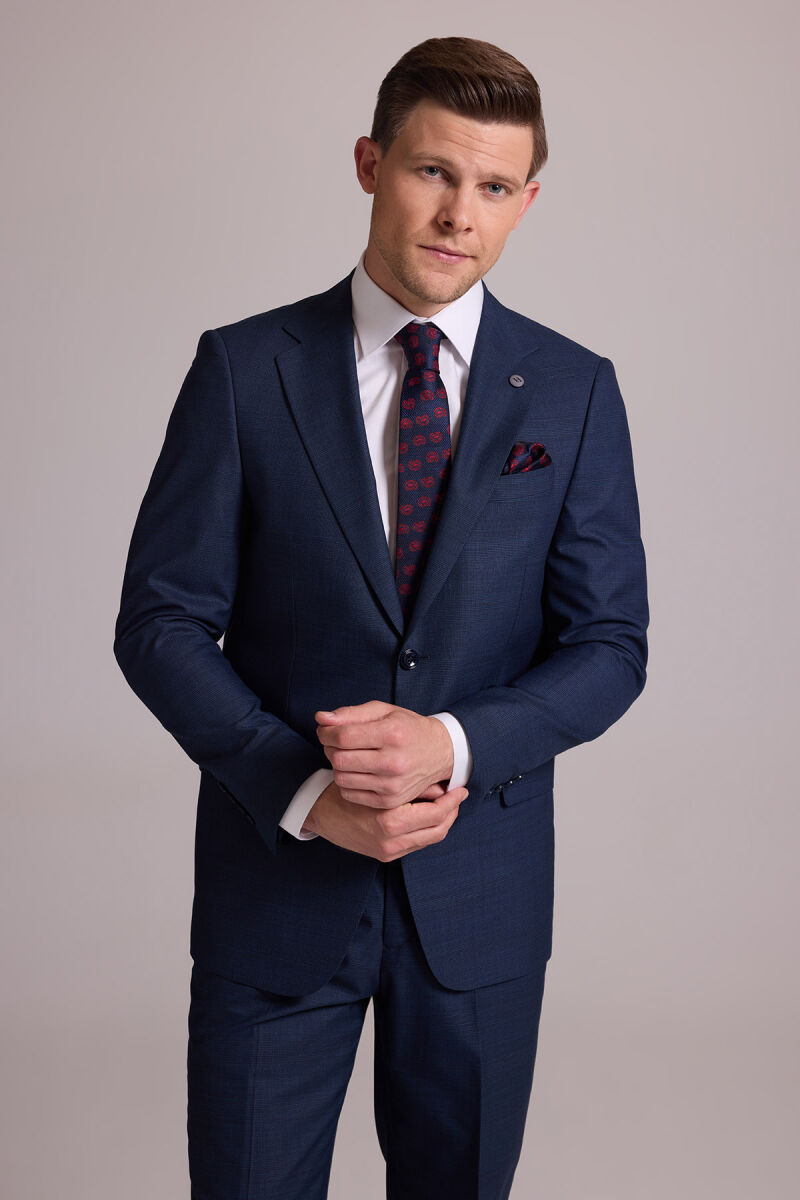 Erkek Lacivert Regular Fit Mono Yaka Yün Karışımlı Kareli Takım Elbise - 3
