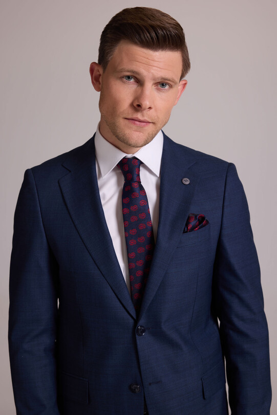 Erkek Lacivert Regular Fit Mono Yaka Yün Karışımlı Kareli Takım Elbise