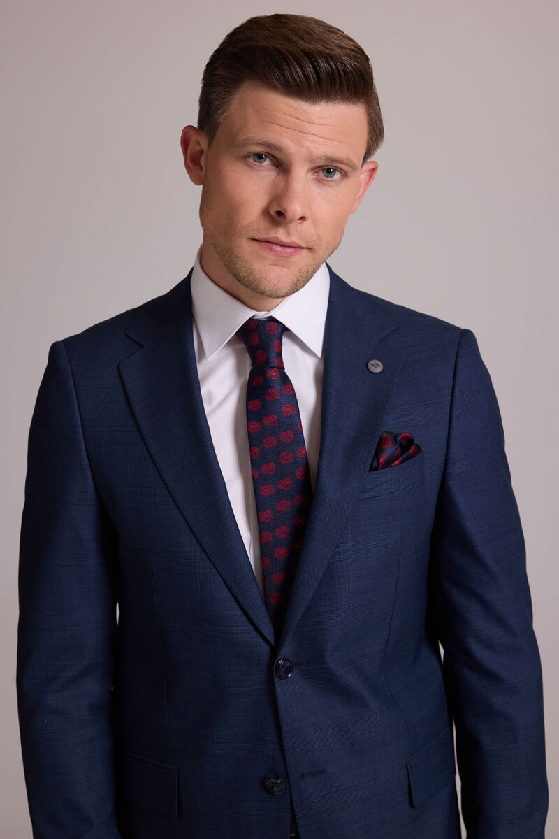 Erkek Lacivert Regular Fit Mono Yaka Yün Karışımlı Kareli Takım Elbise - 4