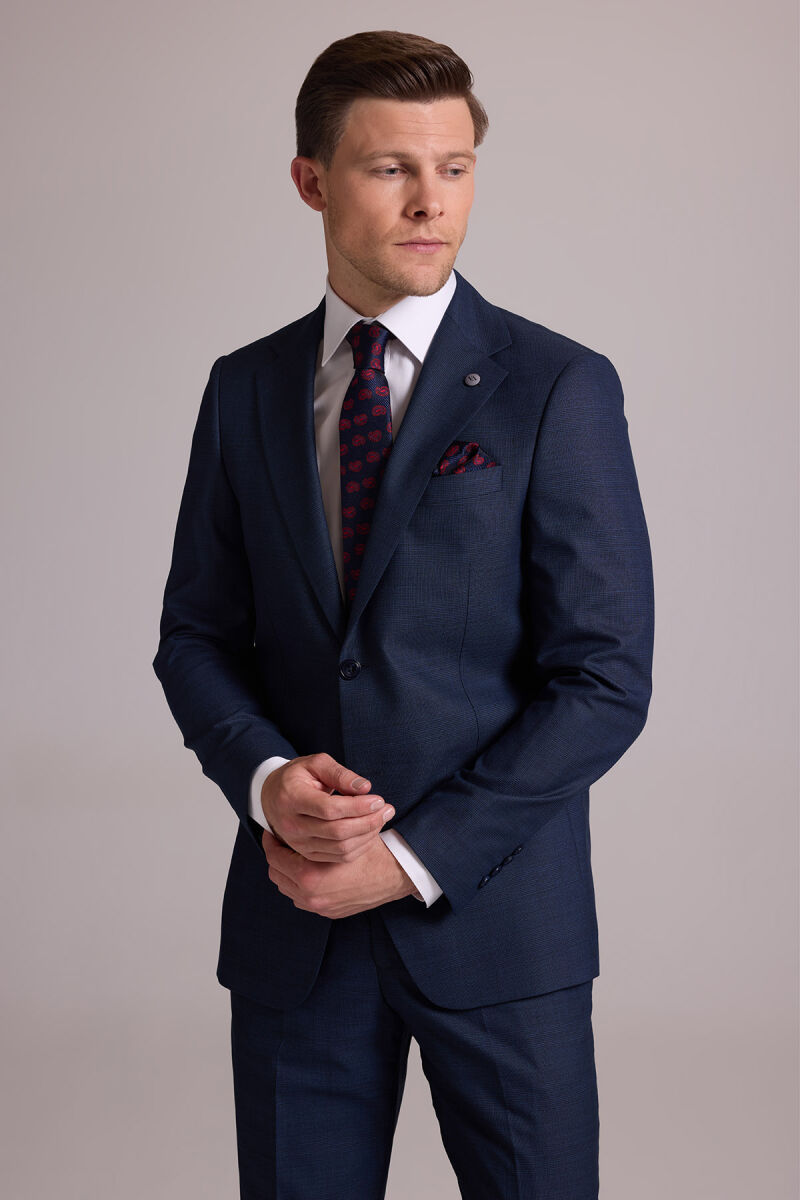 Erkek Lacivert Regular Fit Mono Yaka Yün Karışımlı Kareli Takım Elbise - 5