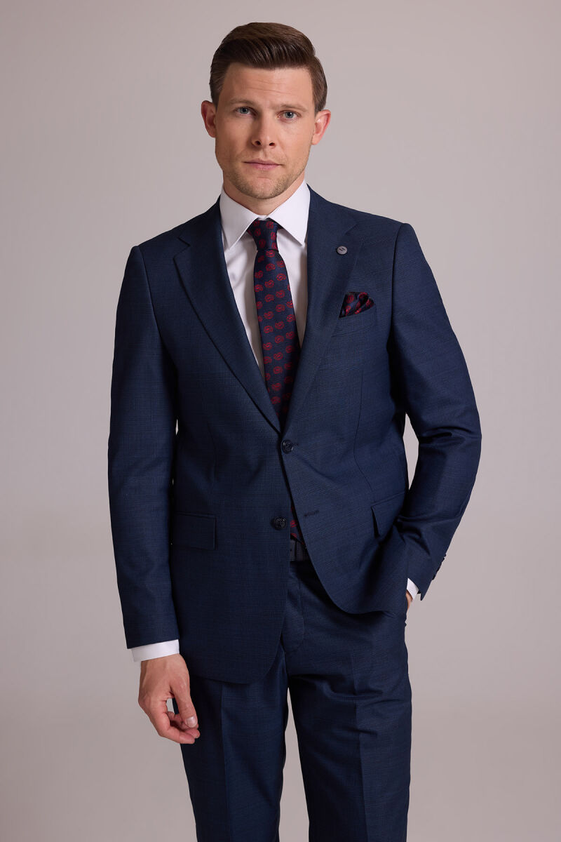 Erkek Lacivert Regular Fit Mono Yaka Yün Karışımlı Kareli Takım Elbise - 6