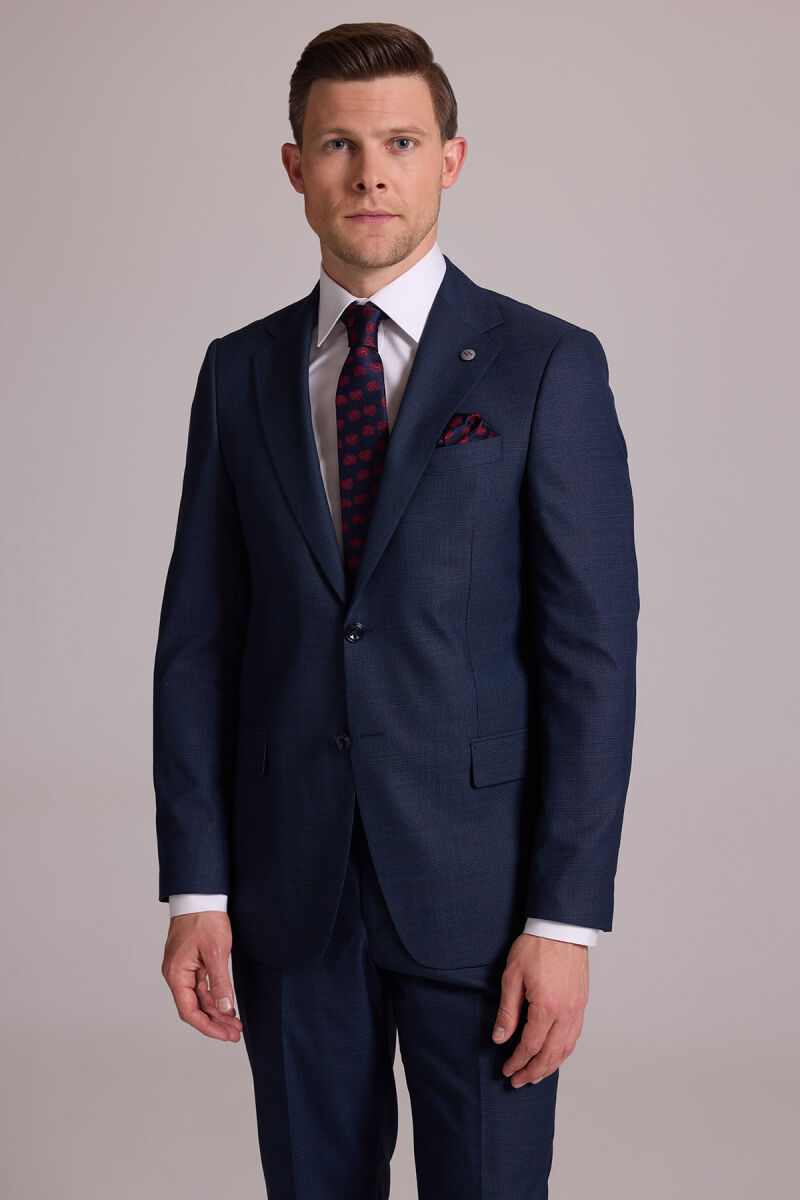 Erkek Lacivert Regular Fit Mono Yaka Yün Karışımlı Kareli Takım Elbise - 7