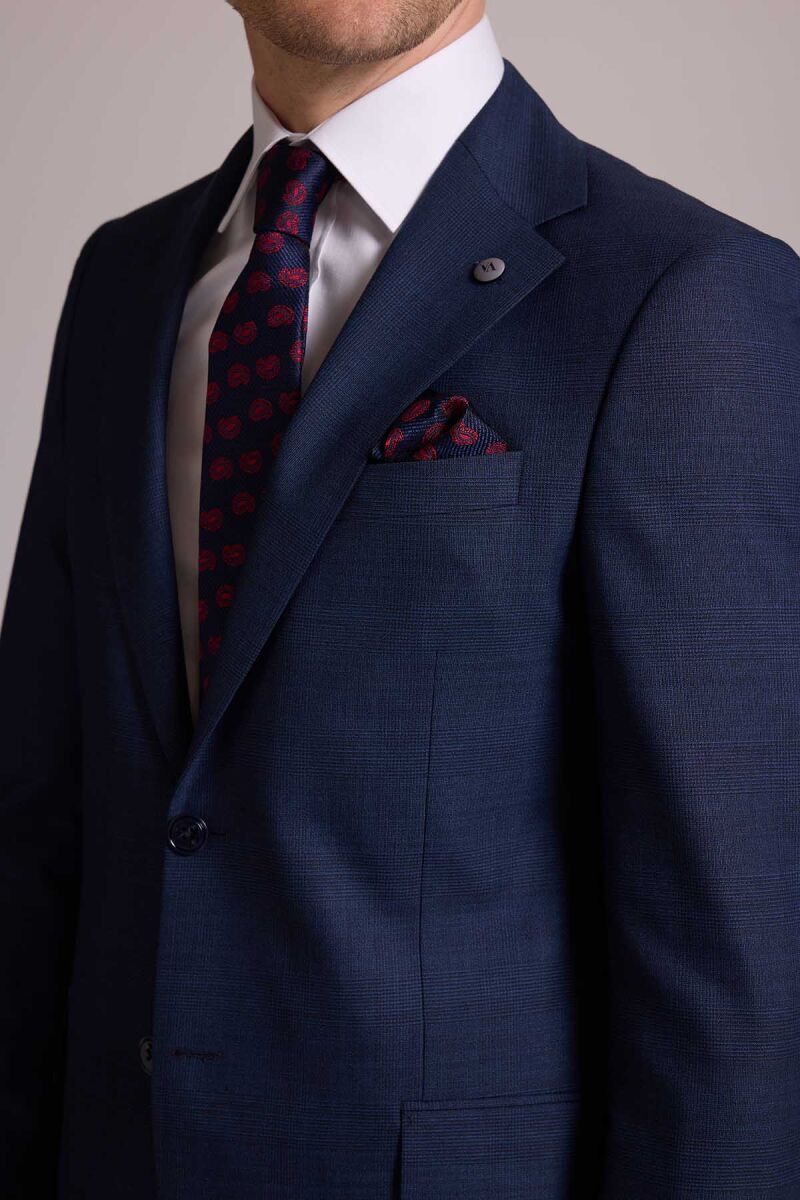 Erkek Lacivert Regular Fit Mono Yaka Yün Karışımlı Kareli Takım Elbise - 8