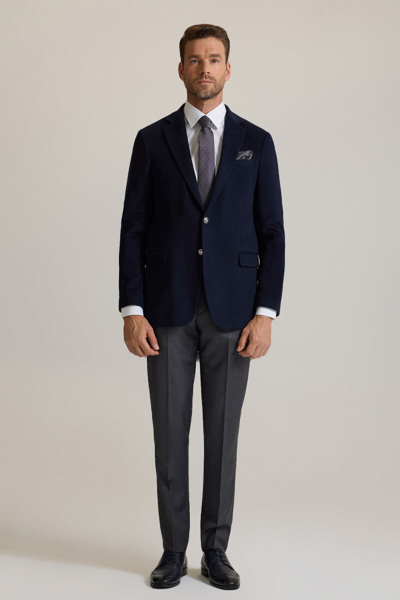 Erkek Lacivert Regular Fit Mono Yaka Puntolu Yün-Kaşmir Karışımlı Blazer Ceket - 2