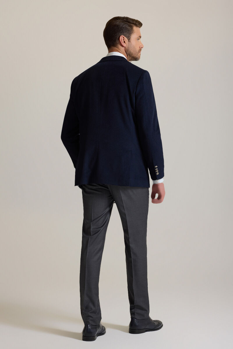 Erkek Lacivert Regular Fit Mono Yaka Puntolu Yün-Kaşmir Karışımlı Blazer Ceket - 10