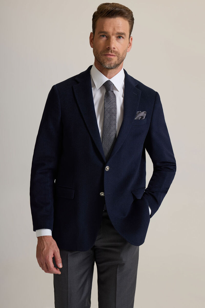 Erkek Lacivert Regular Fit Mono Yaka Puntolu Yün-Kaşmir Karışımlı Blazer Ceket - 1