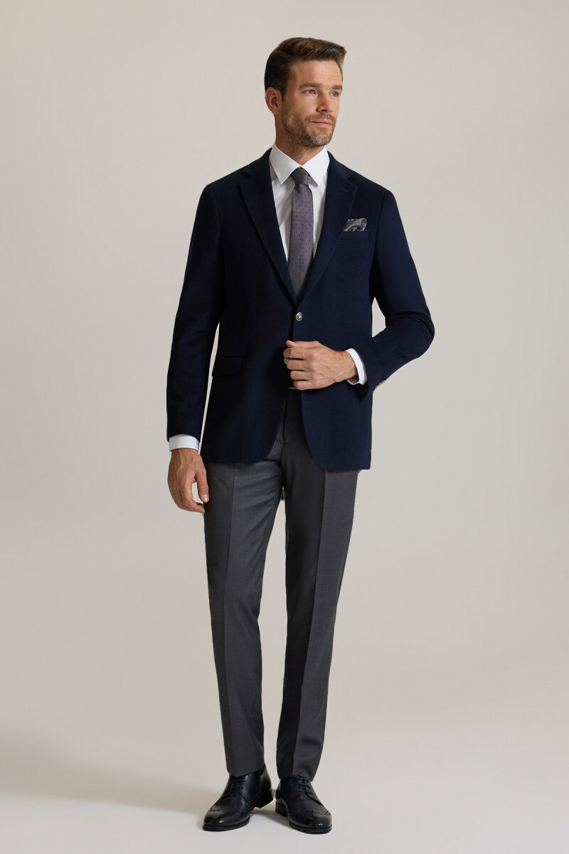 Erkek Lacivert Regular Fit Mono Yaka Puntolu Yün-Kaşmir Karışımlı Blazer Ceket - 3