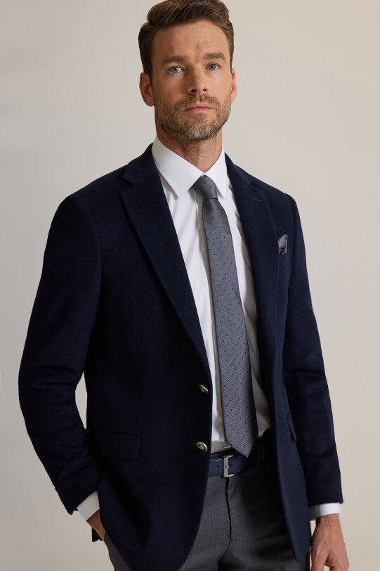 Erkek Lacivert Regular Fit Mono Yaka Puntolu Yün-Kaşmir Karışımlı Blazer Ceket