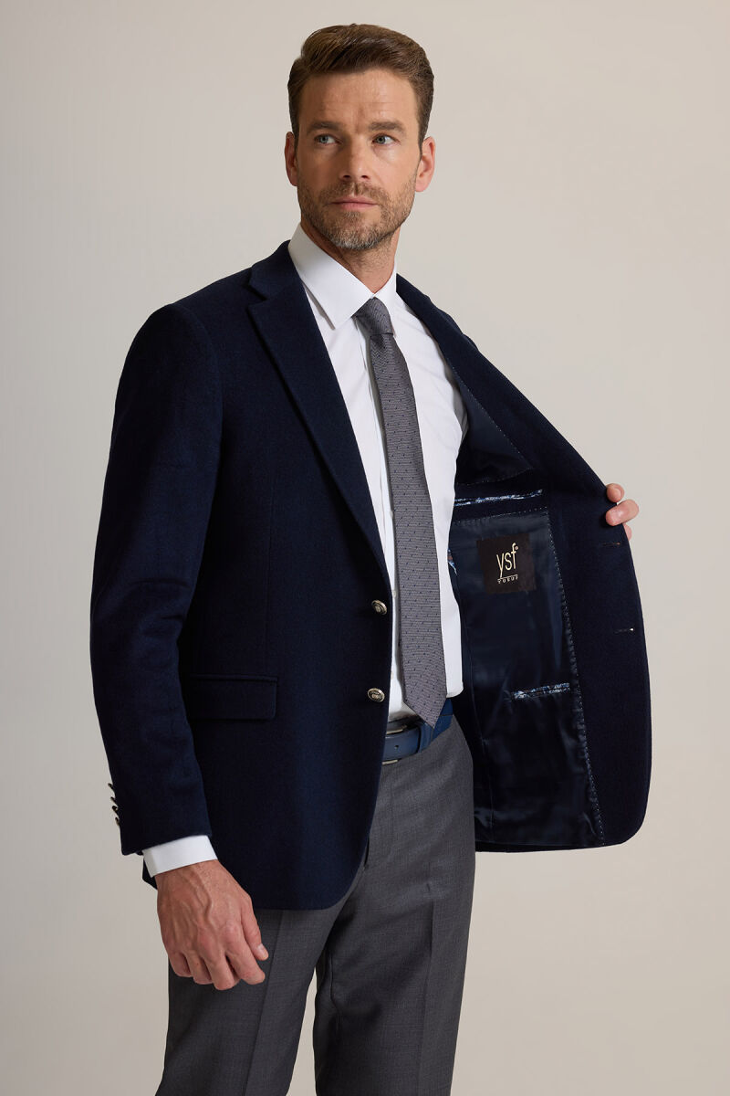 Erkek Lacivert Regular Fit Mono Yaka Puntolu Yün-Kaşmir Karışımlı Blazer Ceket - 5