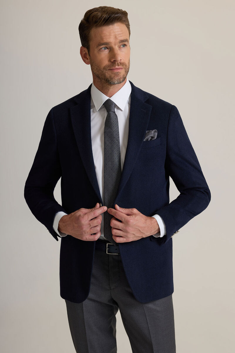Erkek Lacivert Regular Fit Mono Yaka Puntolu Yün-Kaşmir Karışımlı Blazer Ceket - 6