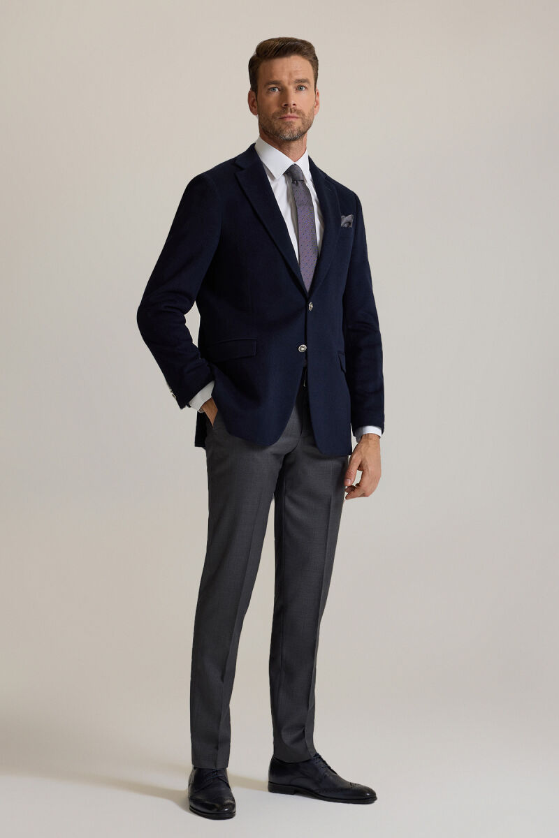 Erkek Lacivert Regular Fit Mono Yaka Puntolu Yün-Kaşmir Karışımlı Blazer Ceket - 7