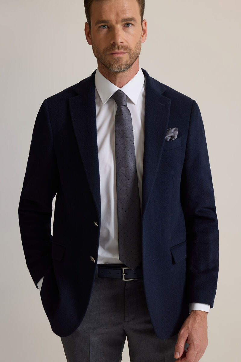 Erkek Lacivert Regular Fit Mono Yaka Puntolu Yün-Kaşmir Karışımlı Blazer Ceket - 8