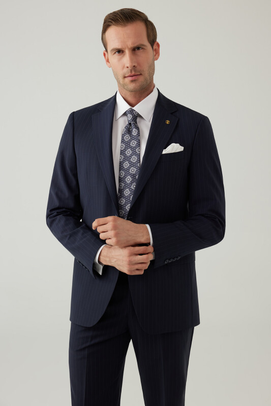 Erkek Lacivert Regular Fit Mono Yaka Yün Takım Elbise