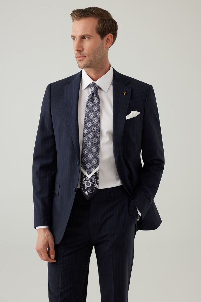 Erkek Lacivert Regular Fit Mono Yaka Yün Takım Elbise - 2