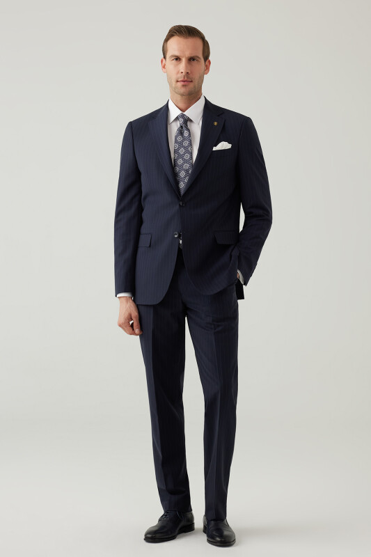 Erkek Lacivert Regular Fit Mono Yaka Yün Takım Elbise