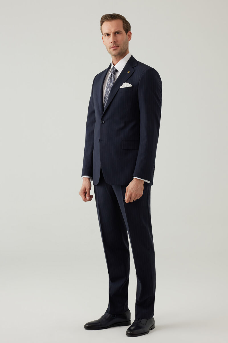 Erkek Lacivert Regular Fit Mono Yaka Yün Takım Elbise - 5