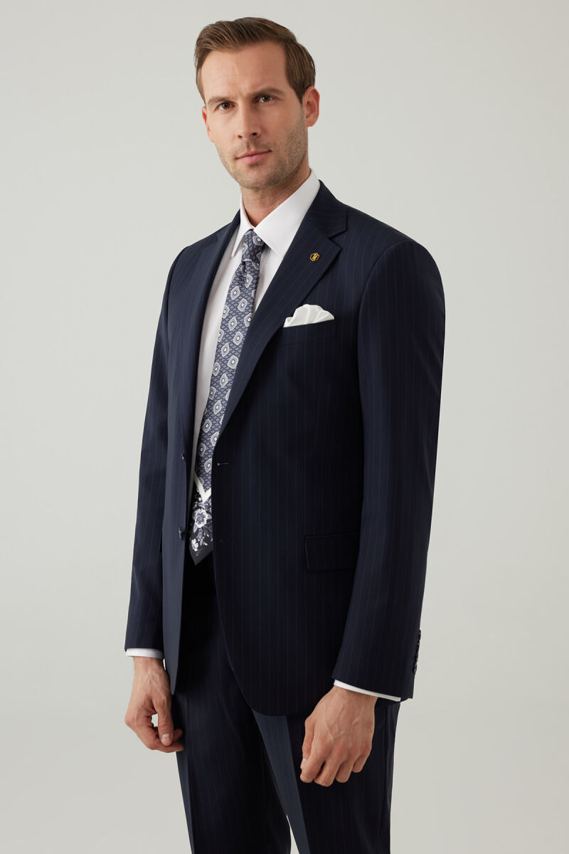 Erkek Lacivert Regular Fit Mono Yaka Yün Takım Elbise - 6