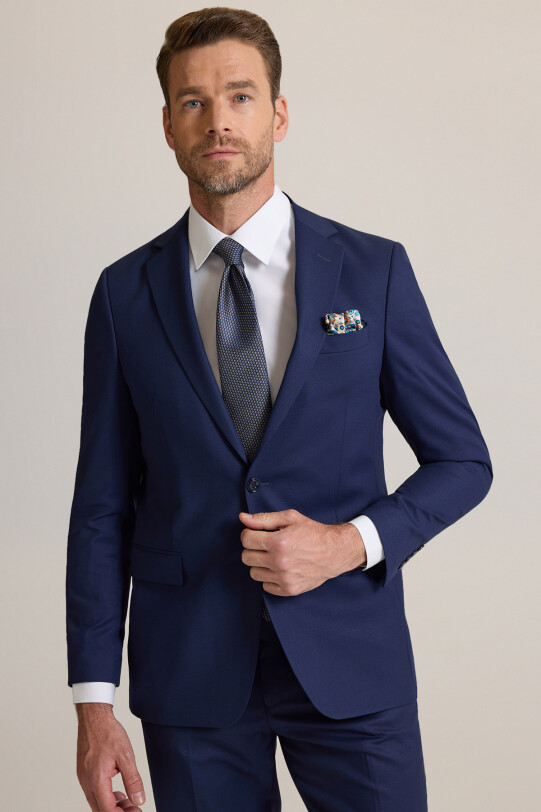 Erkek Lacivert Regular Fit Mono Yaka Yünlü Takım Elbise